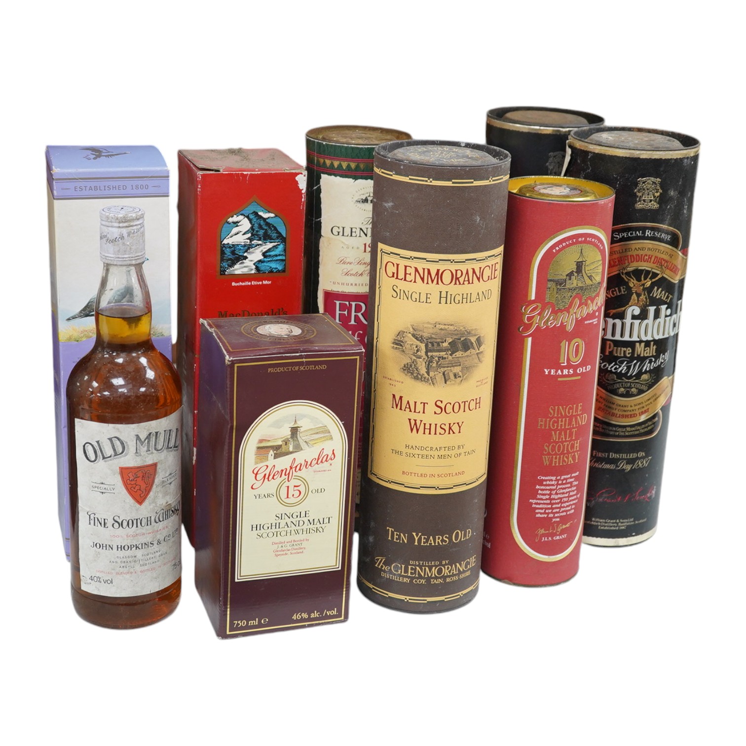 A group of ten bottles of Scotch Whisky; Glenfiddich Pure Malt Special Reserve 1 litre x2, Glenmorangie ten year 1litre, Glenlivet 12 year 70cl, Macdonalds Glencoe 8 year 70cl, The Famouse Grouse 10 year 70cl, John Hopki